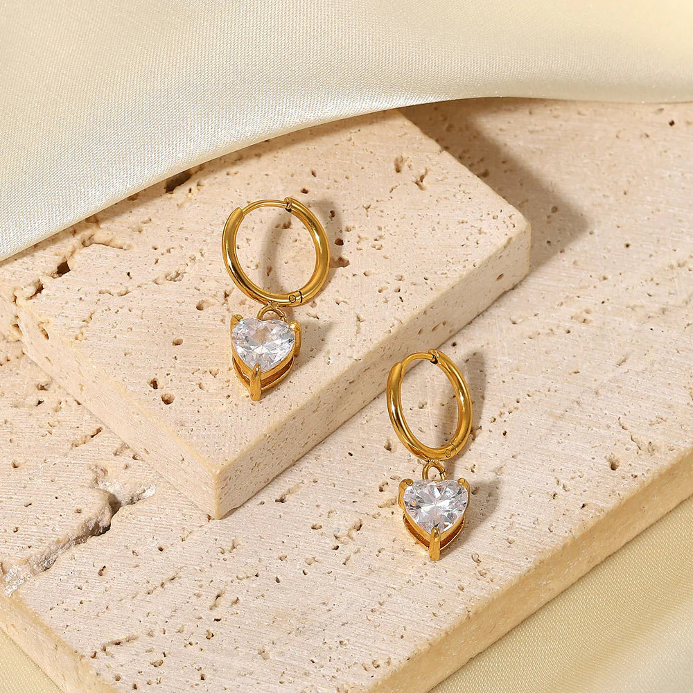 White Heart Cubic Zirconia Huggie Hoop Earrings - 18K Gold Plated