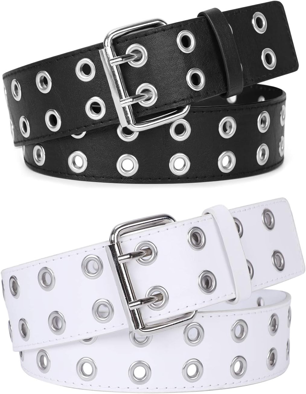 Double Grommet Belt PU Leather Punk Belt for Women Ladies Belt for Jeans