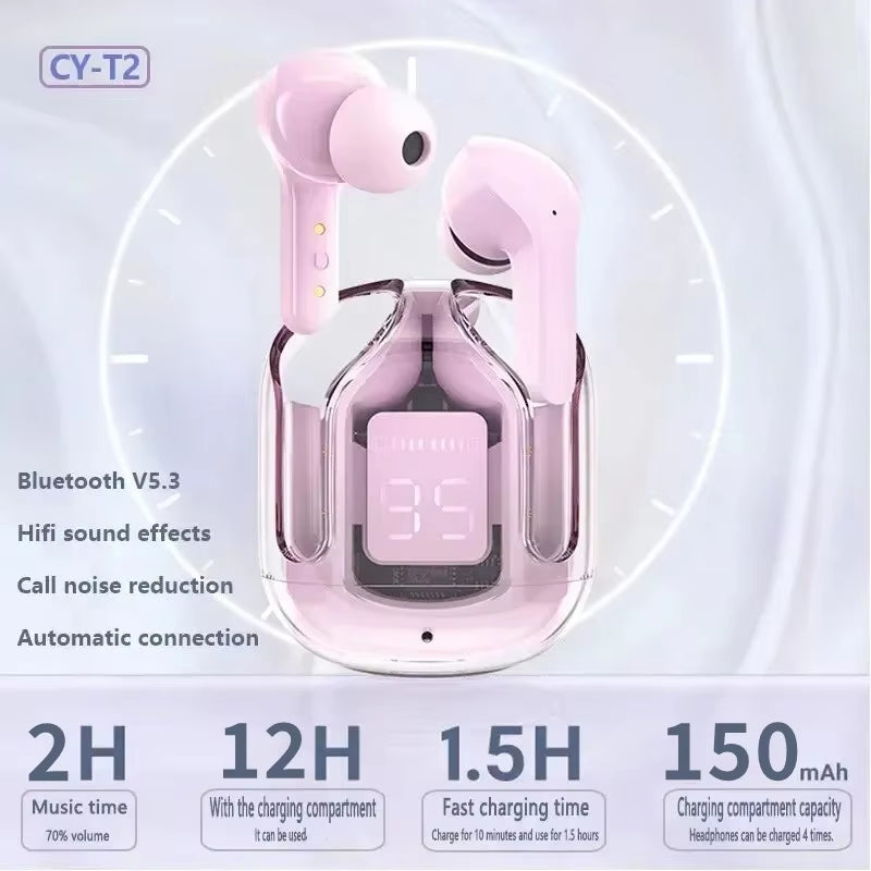 Original T2 Wireless Bluetooth Earphones with Transparent Design, HiFi Sound Quality, LED Power Digital Display, and Stereo Sound Compatibility for Xiaomi Devices