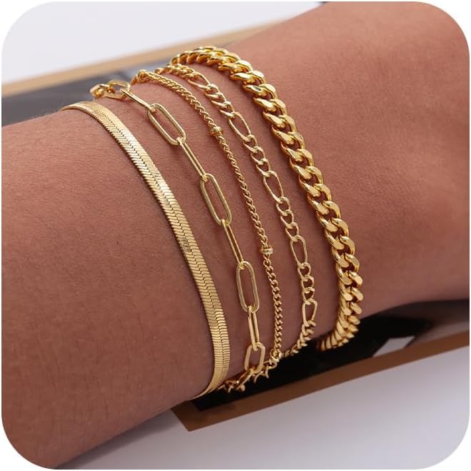 Trendy Waterproof 14K Gold Bracelets for Women - Dainty Stackable Cuban Link & Paperclip Chain Jewelry Set - Perfect Fashion Accessories & Gifts!