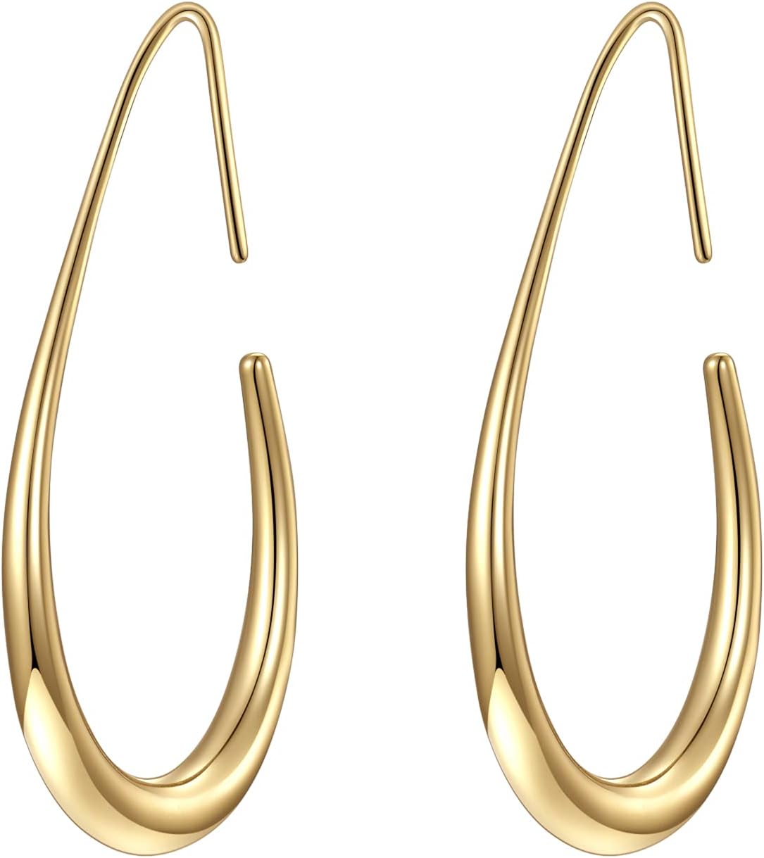Elegant Lightweight Teardrop Hoop Earrings - 14K Gold/White Gold Plated Large Oval Design, High Polished Statement Jewelry Gift for Women