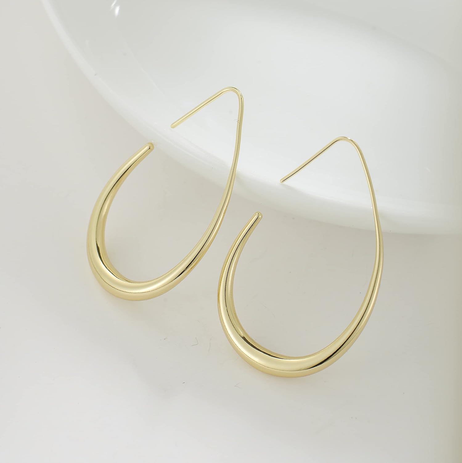 Elegant Lightweight Teardrop Hoop Earrings - 14K Gold/White Gold Plated Large Oval Design, High Polished Statement Jewelry Gift for Women