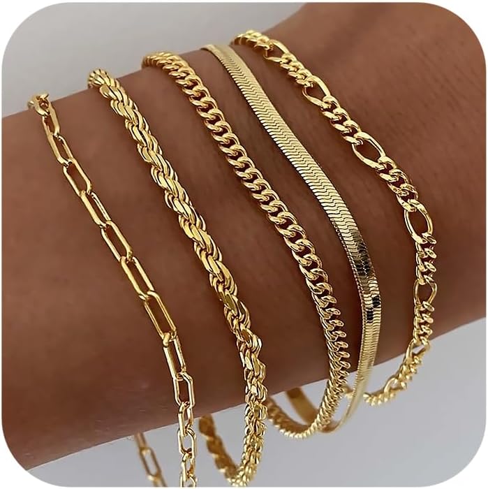 Trendy Waterproof 14K Gold Bracelets for Women - Dainty Stackable Cuban Link & Paperclip Chain Jewelry Set - Perfect Fashion Accessories & Gifts!