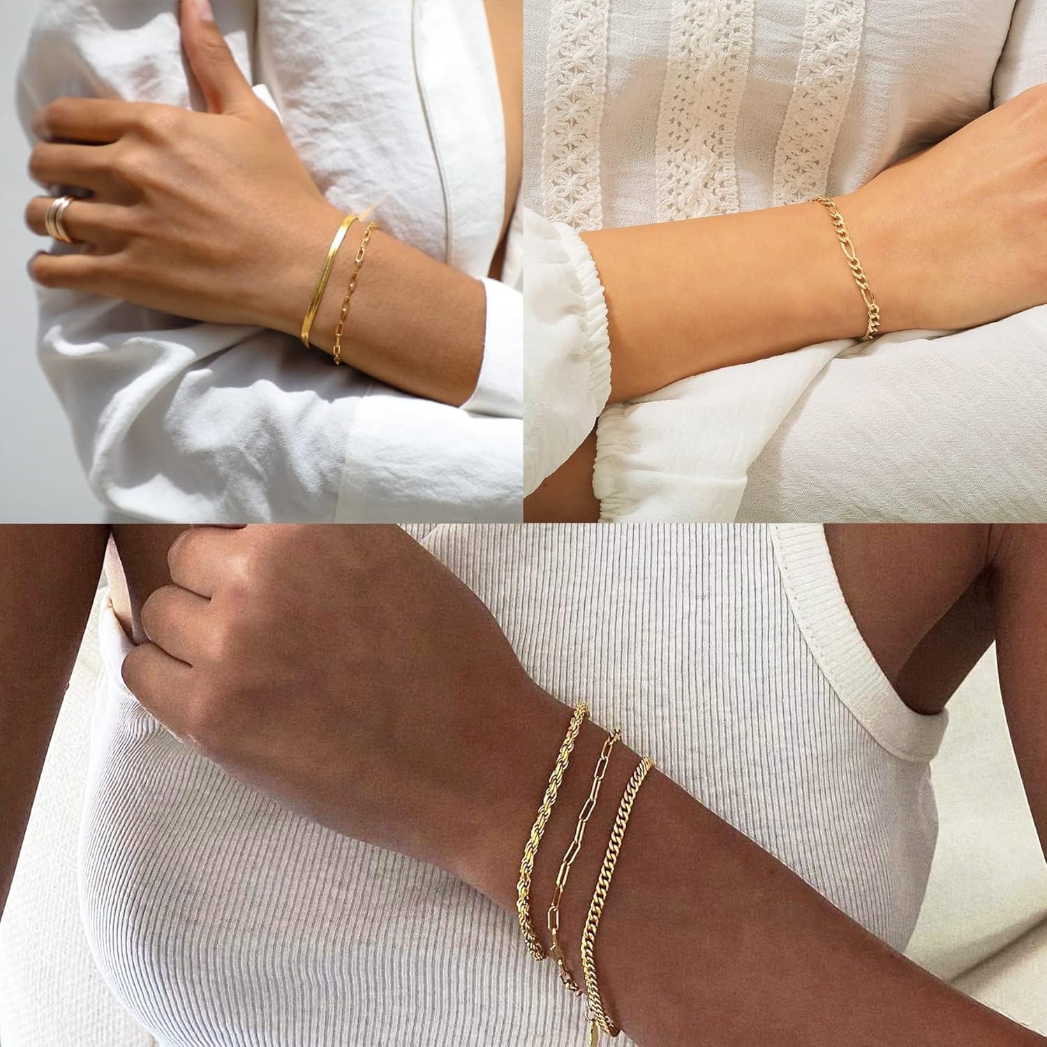 Trendy Waterproof 14K Gold Bracelets for Women - Dainty Stackable Cuban Link & Paperclip Chain Jewelry Set - Perfect Fashion Accessories & Gifts!