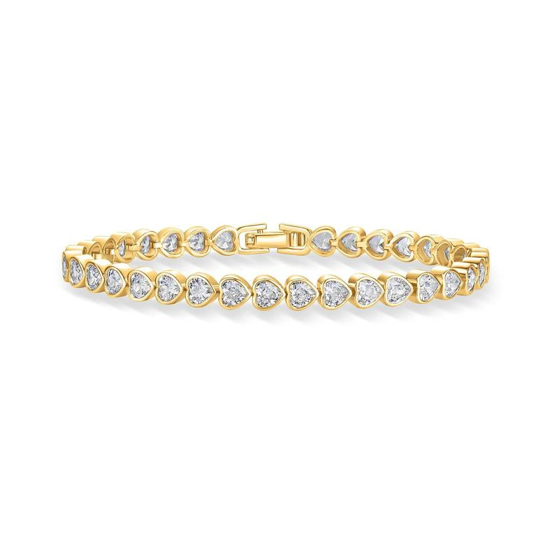 PAVOI 14K Gold Plated Simulated Diamonds Bezel Set Tennis Bracelets for Women - Cubic Zirconia Valentines Love Heart Statement Bride Gold Bracelet