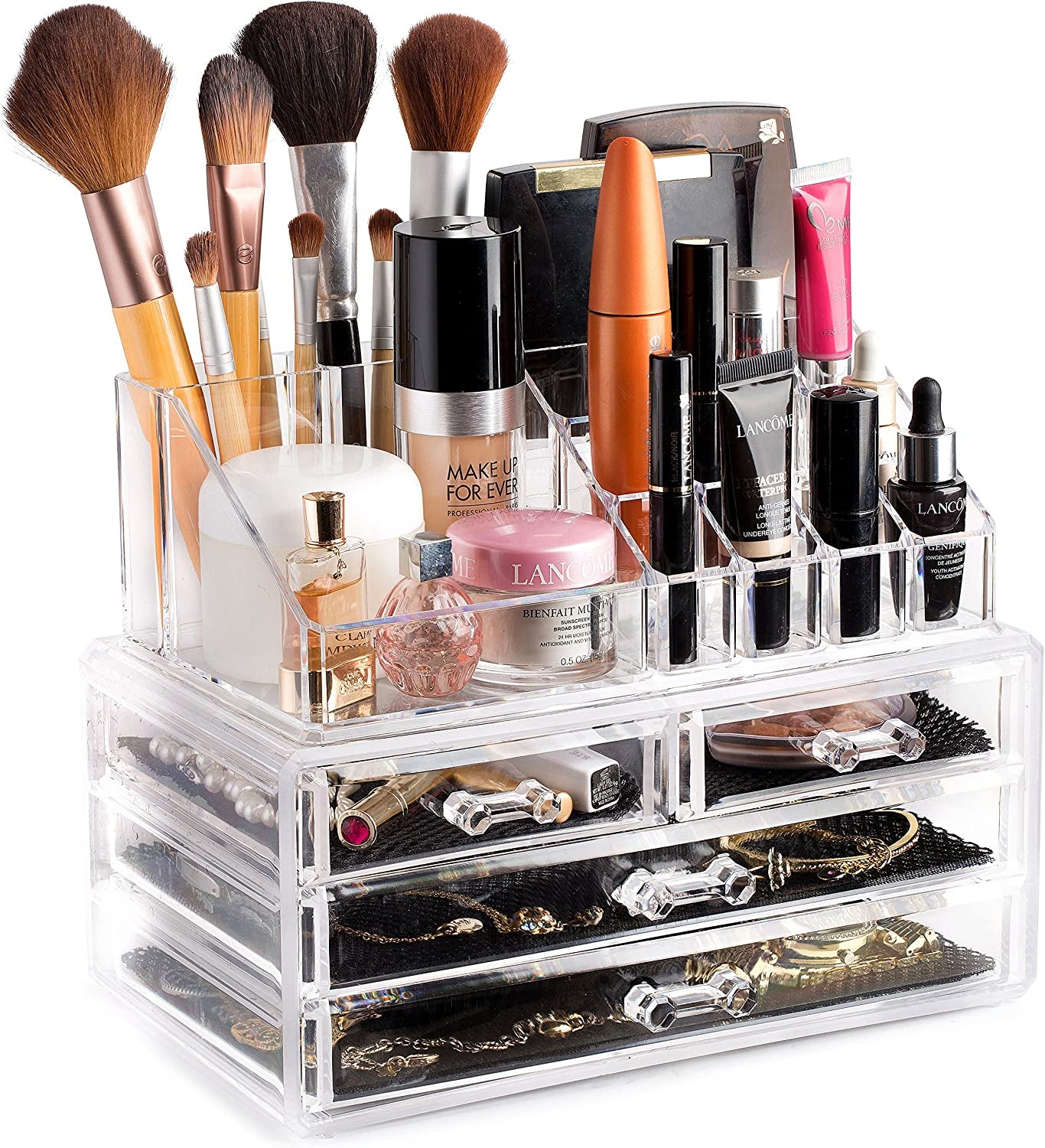 Elegant 16-Compartment Clear Makeup Organizer with 4 Drawers - Stylish Storage for Cosmetics and Jewelry